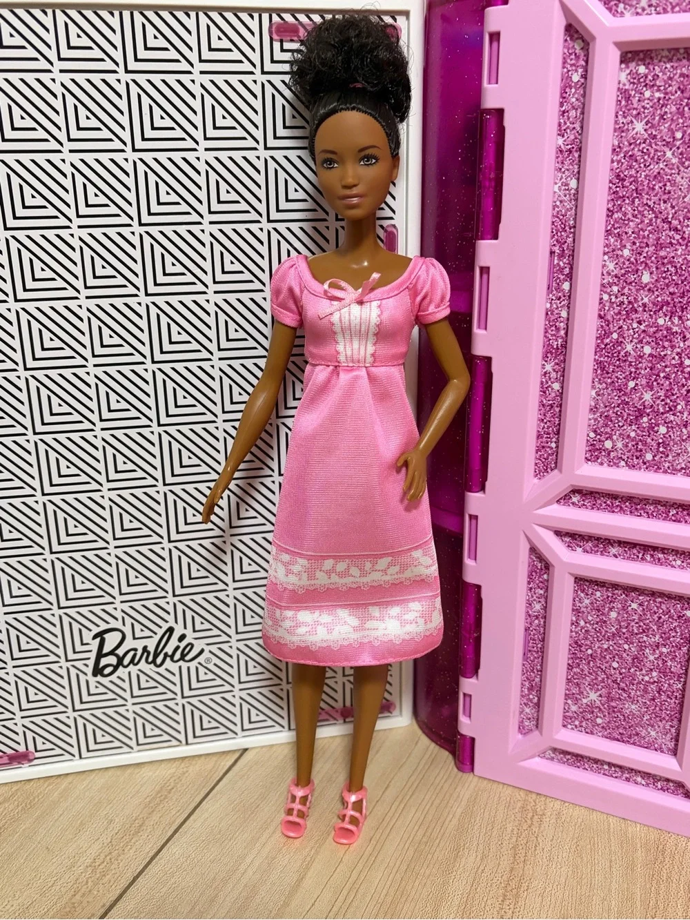 Barbie Pink Dress Doll with Dark Skin and Black Hair